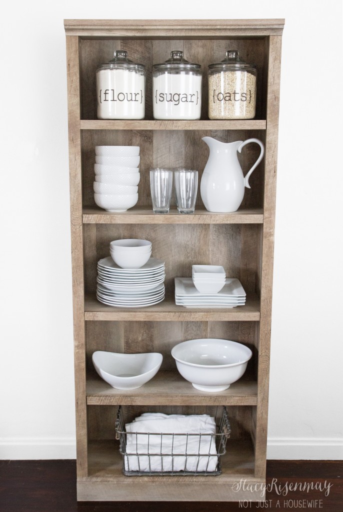 Use a bookshelf as a pantry or kitchen hutch!