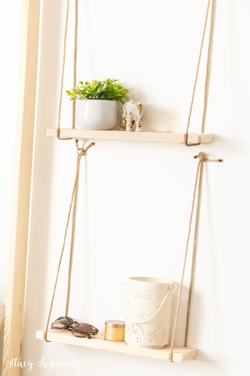 Wood and rope hanging shelves