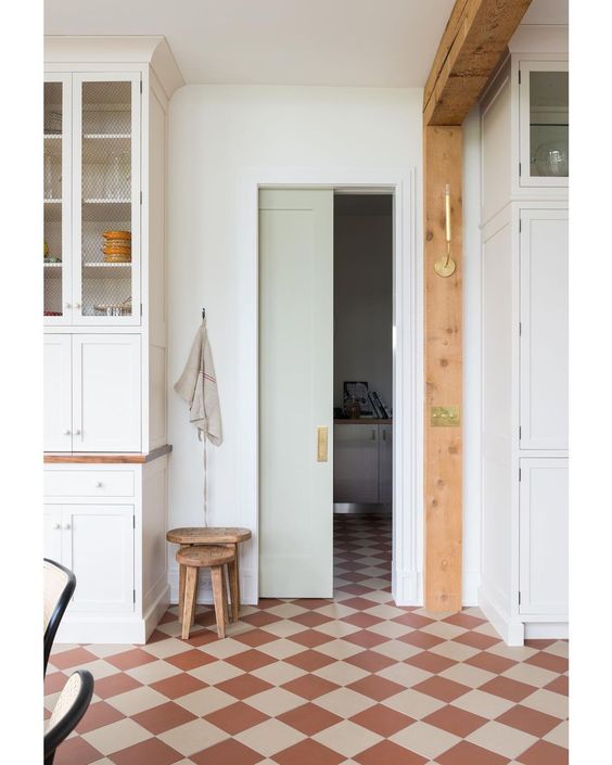 terracotta colored checkered tile in kitchen