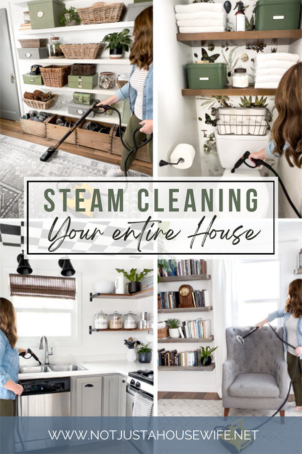 collage of women steam cleaning rooms in her house
