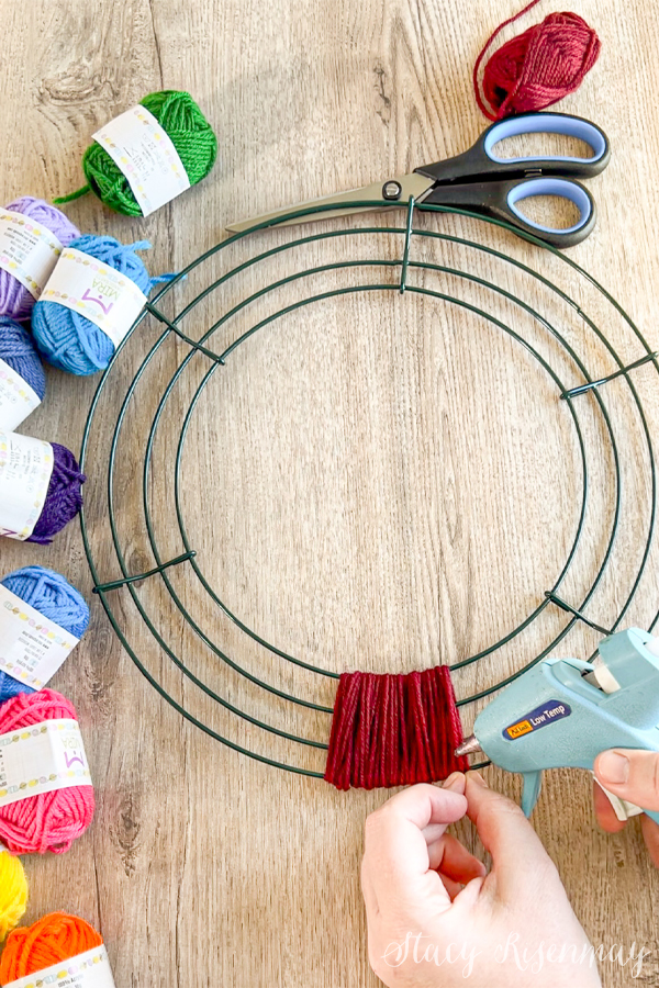 wrapping yarn around a wire wreath form