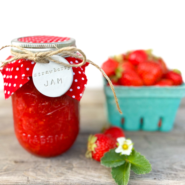 strawberry jam with stamped clay tag