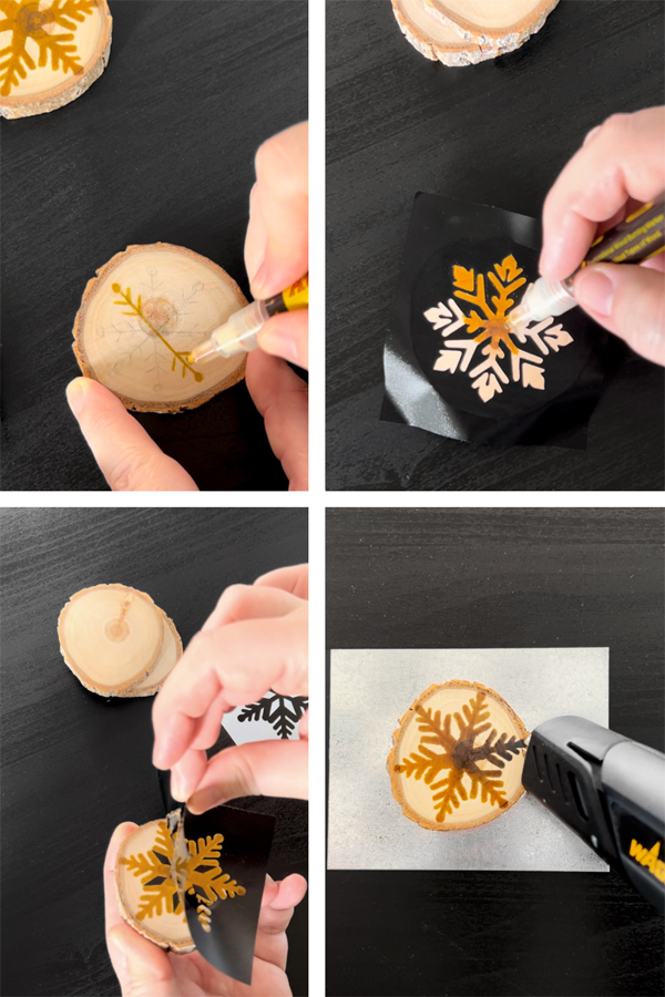 collage of steps to make wood burned ornaments