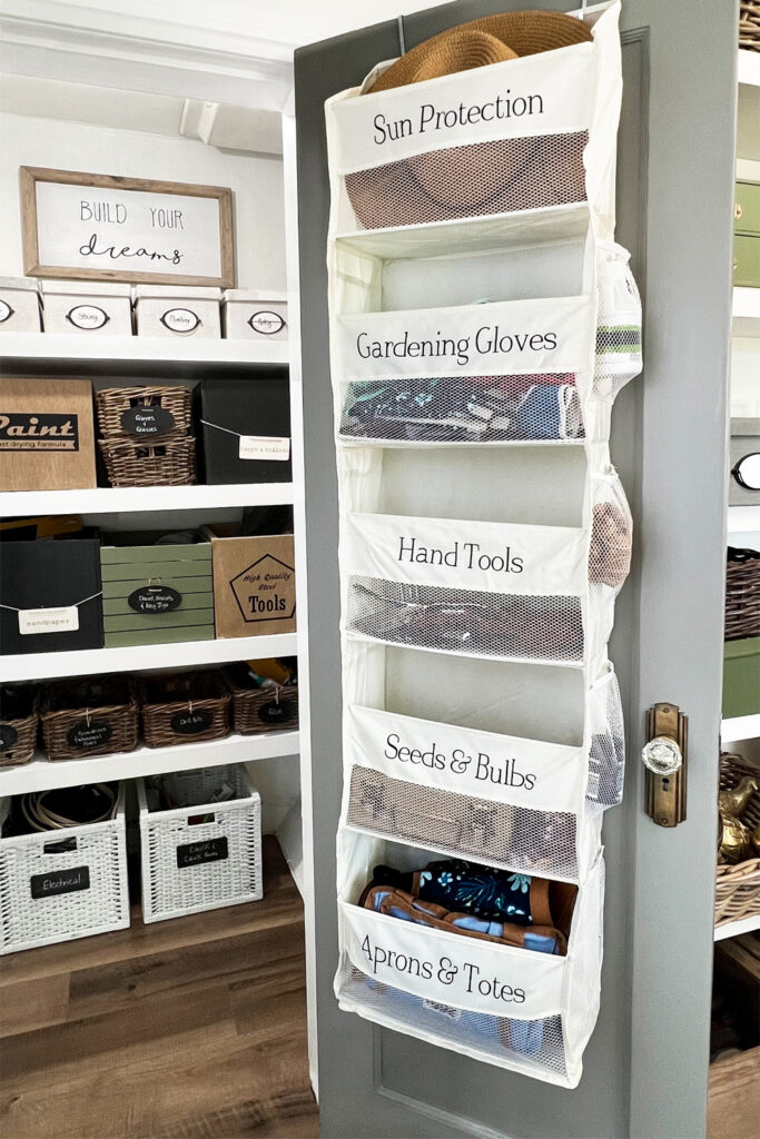 an over the door organizer full of gardening accessories