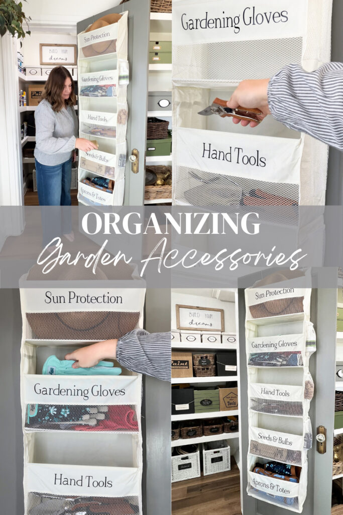 collage of photos showing the over the door organizer full of gardening items